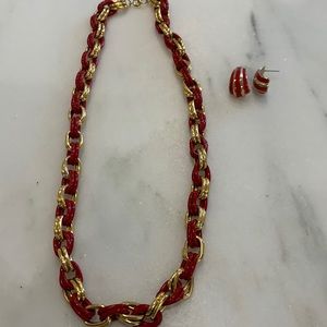Red and gold tone link necklace and  earrings.